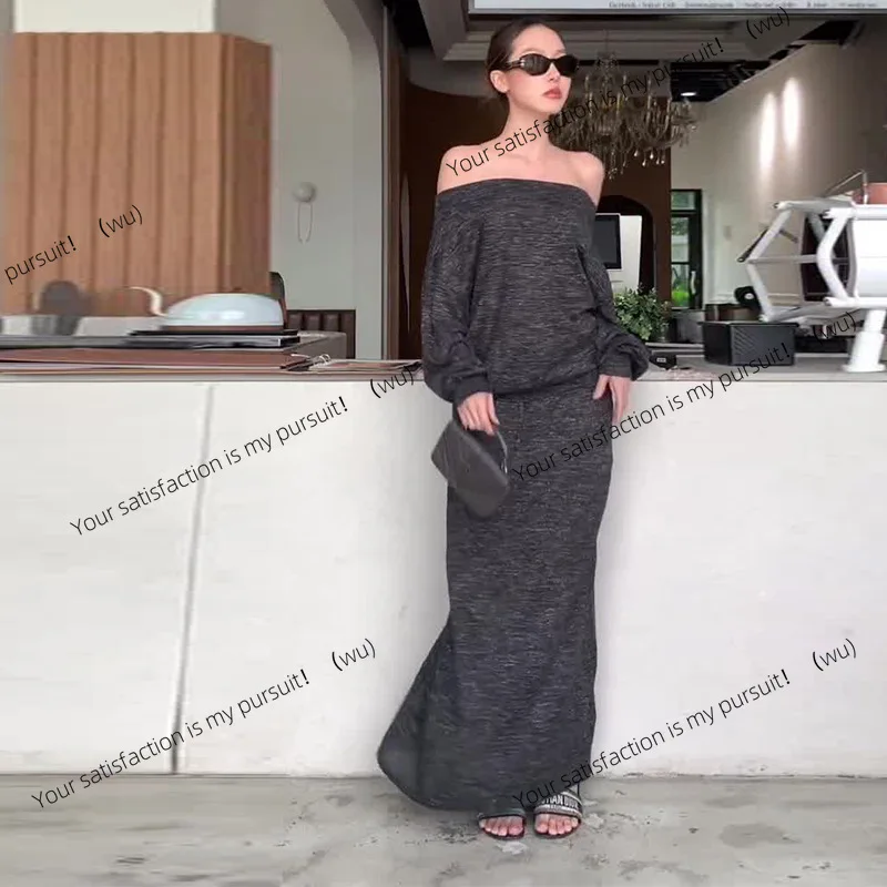 

Women's one-word collar long-sleeved knitted dark gray casual suit