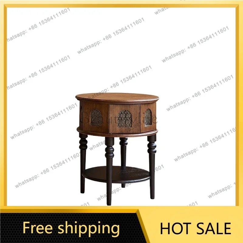 Qiongzhi French retro solid wood double-layer storage coffee table living room storage bedroom antique bedside table