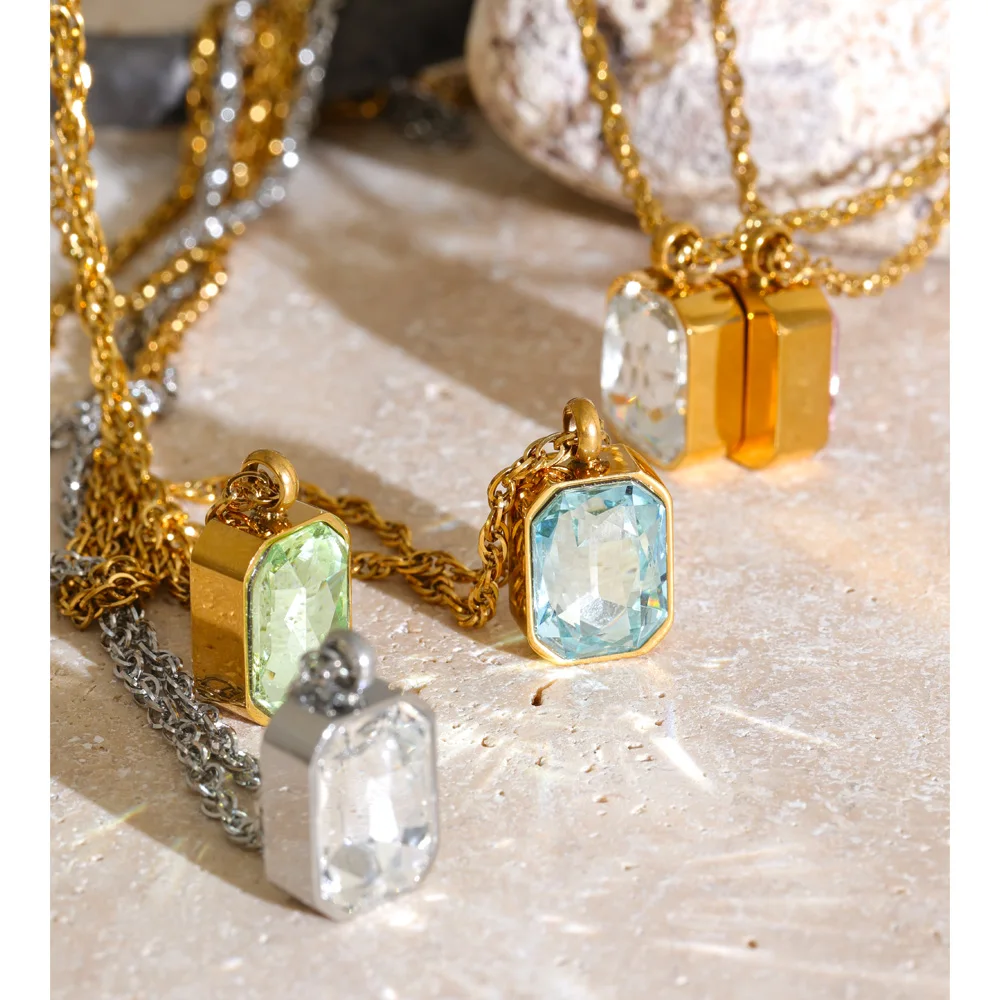 Yhpup Multi Color Stainless Steel Zircon Square Necklace Pendant Shiny Fashion Exquisite Chic Jewelry Rust Proof