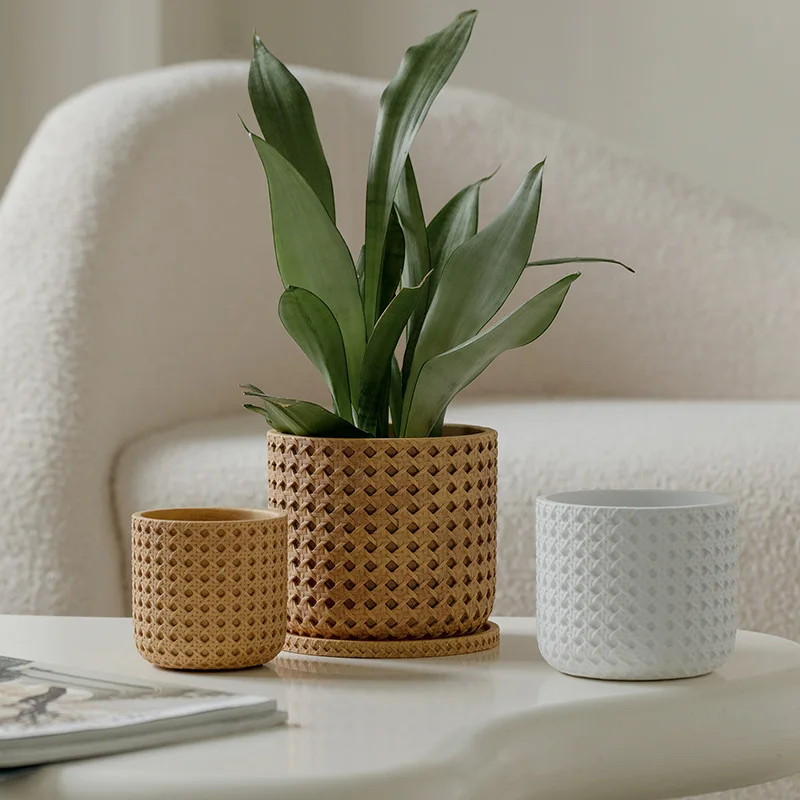 Japanese Imitation Woven Cement Flowerpot Round Woven Rattan Bamboo Woven Cement Flower Potted Radish Succulent Plant Flowerpot