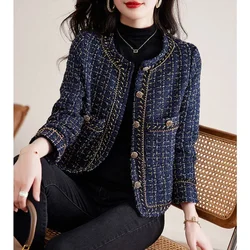 Vintage Cropped Tweed Jacket Women Blazer Korean Chic Single-breasted Long Sleeve Plaid Coat Spring Autumn Suit Outerwear New