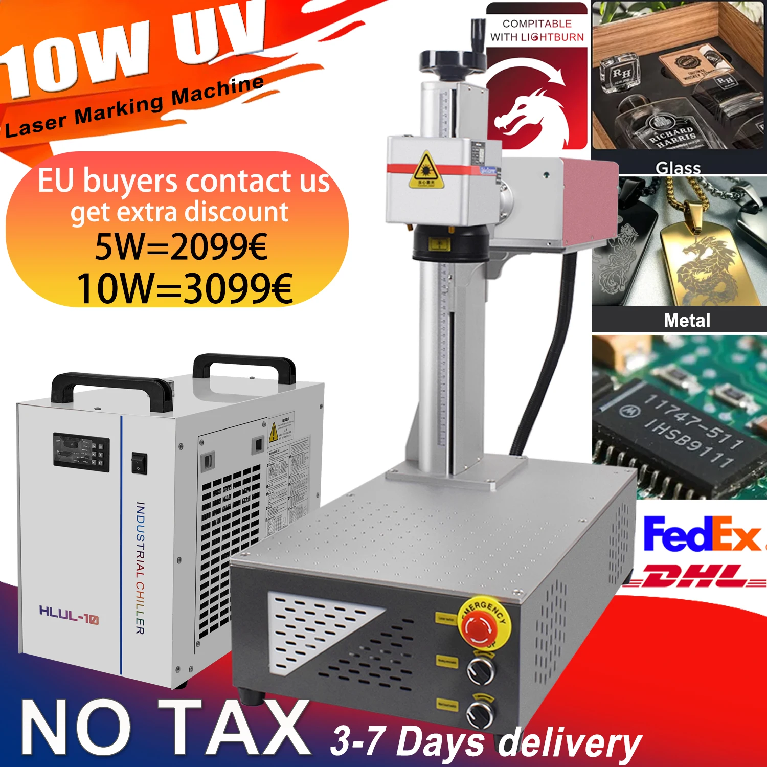 

10W UV 355nm Laser Marking Machine UV 5W Laser Non-Metal Engraver for Glass/Wood/PVC/Stainless Steel/Plastic Leather Fast Ship