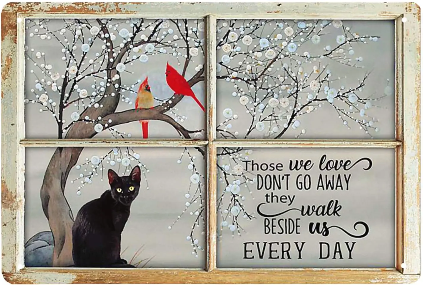 Black Cat and Cardinal Bird Tin Sign Vintage Bar Cave Home Wall Decoration 8x12 Inch Those We Love Dont Go Away They Walk Beside