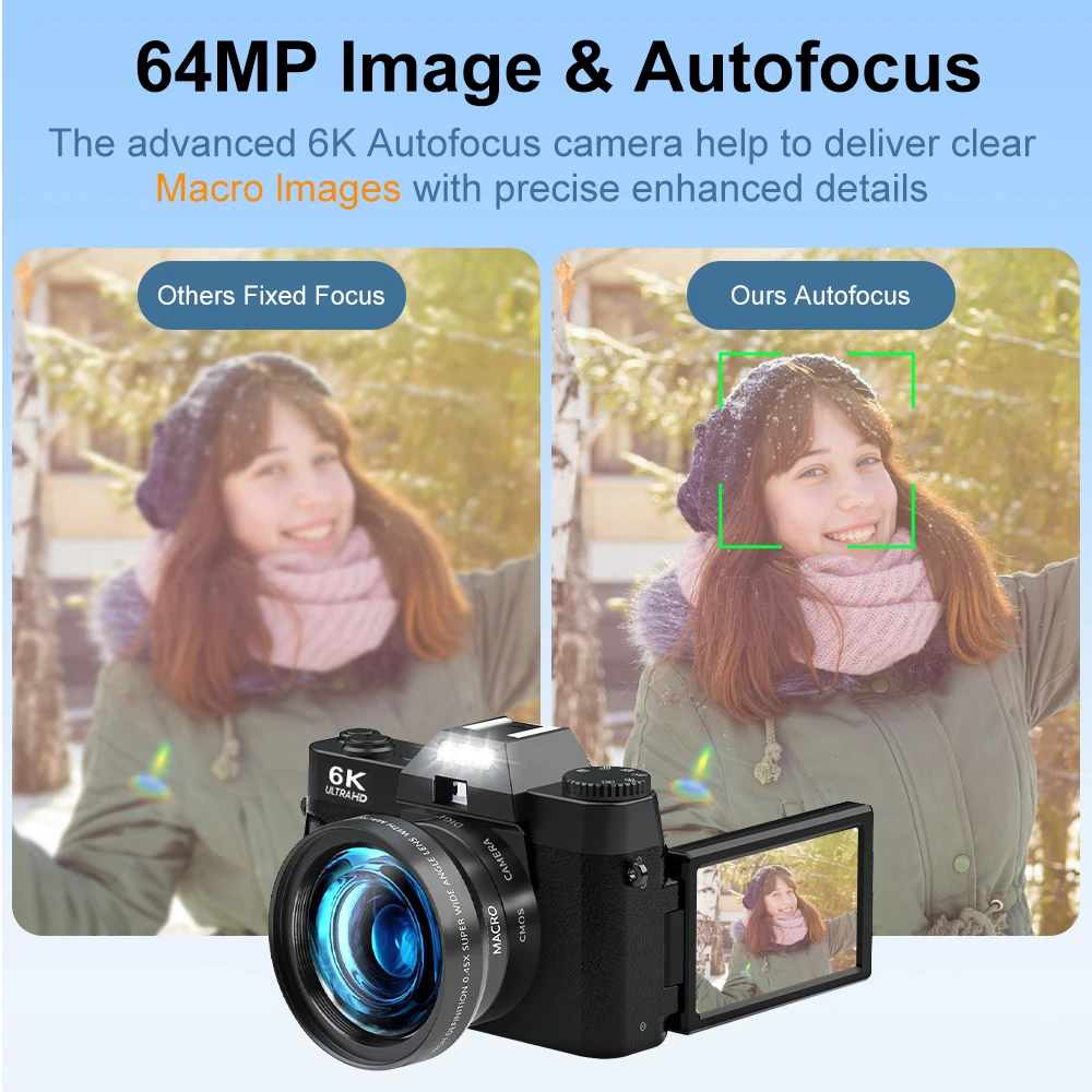 Ourlife كاميرا التصوير الرقمية المدمجة 6K WIFI كاميرا ويب خمر مدونة فيديو مسجل يوتيوب 64MP كاميرا فيديو 16X كاميرا زووم