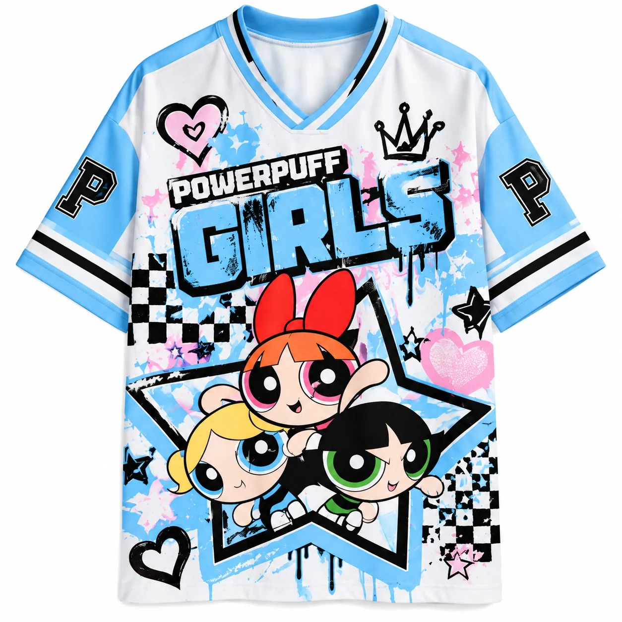 Powerpuff Girls Grafik-Trikot-Shirt für Erwachsene, Unisex, V-Ausschnitt, Cartoon-Streetwear, Y2K, Kawaii, lässiges Sport-Top – Detail 2