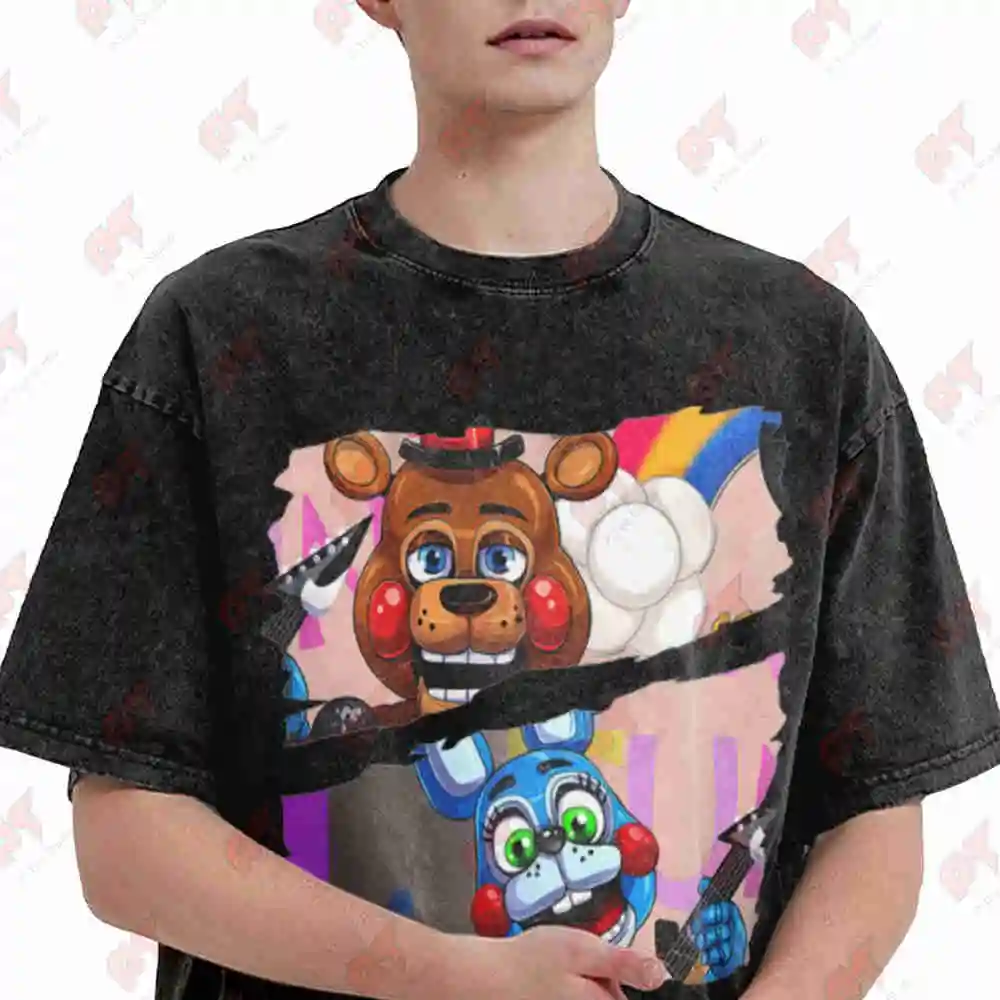 Five Nights Characters Stacked Vintage Washed Tee Pure Cotton T-Shirt