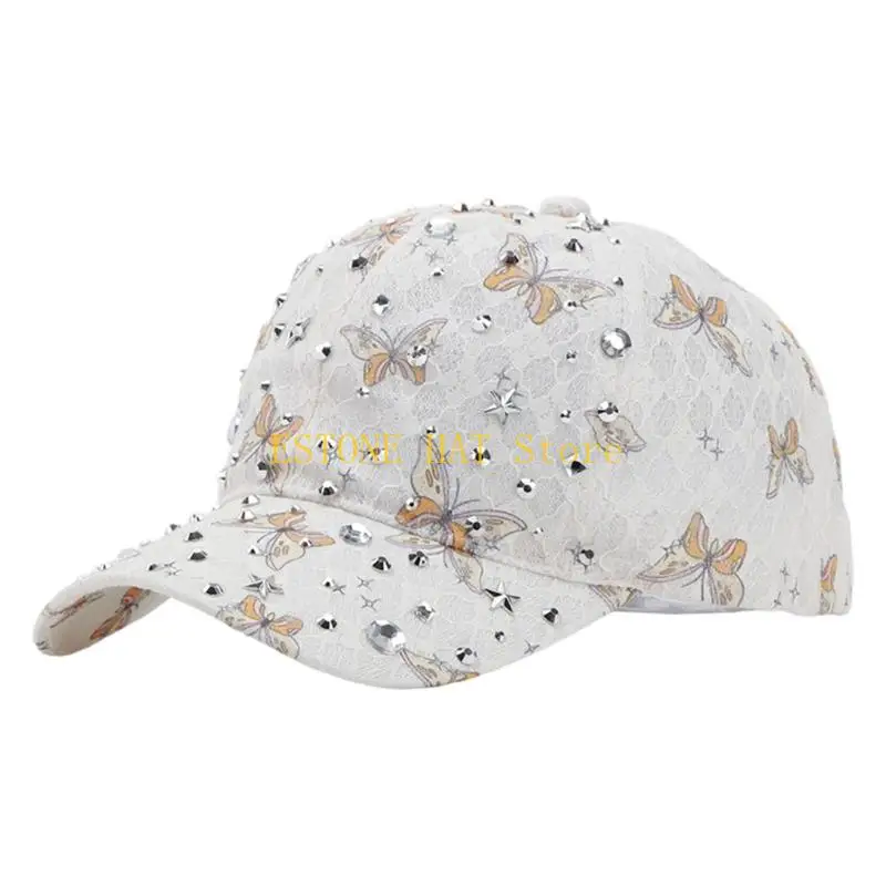 49MF Daily Wear Lace Baseball Cap with Rhinestones Look Accent Adjustable Back and Butterfly Print Sun Hat Styling Travel