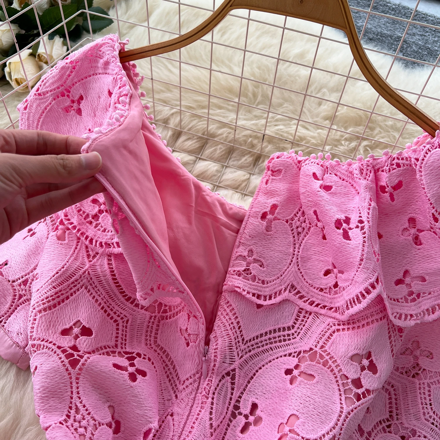 Stickerei Elegantes Kleid Für Frauen O Hals Kurzarm Hohe Taille Cut Out Midi Kleider Weibliche Sommer Kleidung