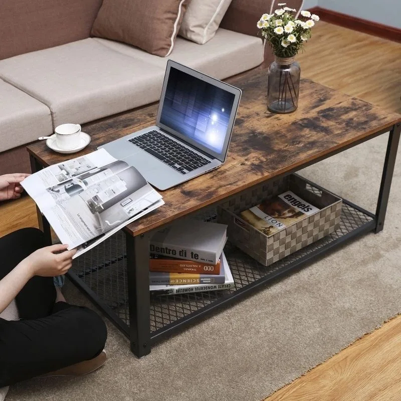 wrought iron bracket coffee table, rectangular edge table, tea table solid wood storage coffee table