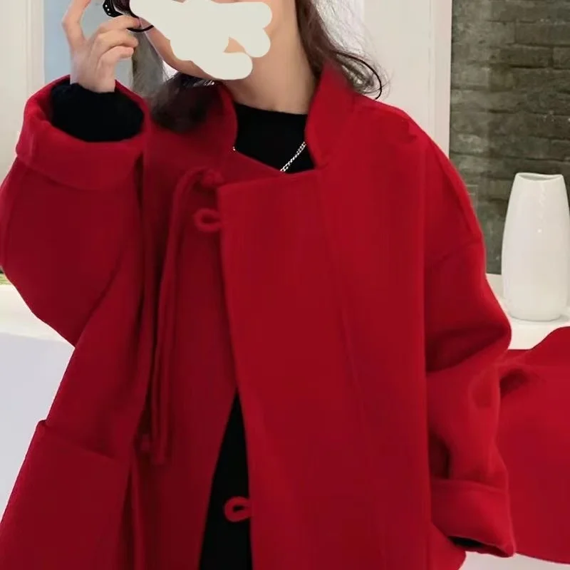 Girls' Korean Style Double-sided Cashmere Coat Autumn Winter Children's Woolen Coat Trendy Girls' Red Long Coat