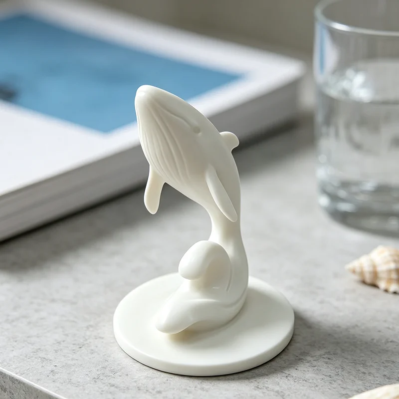 3D Printed Jumping Whale Figurine Ocean Wave Base Sculpture Nautical Style Desktop Ornament Modern Home Table Shelf Decor