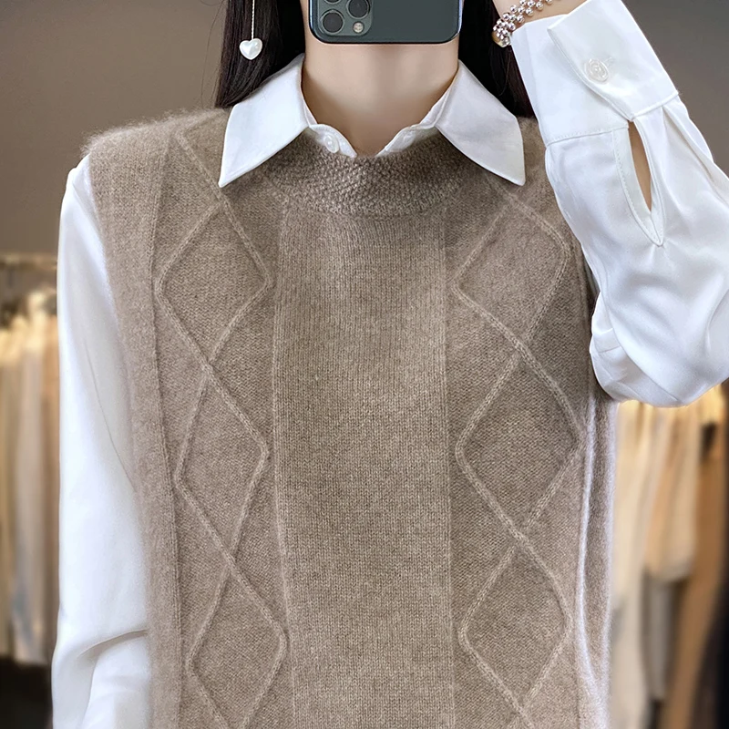 100% Merino Wool Women's Sleeveless Pullover Sweater Vest 2023 Autumn And Winter New Fashion Warm O Collar Sweater Vest Women