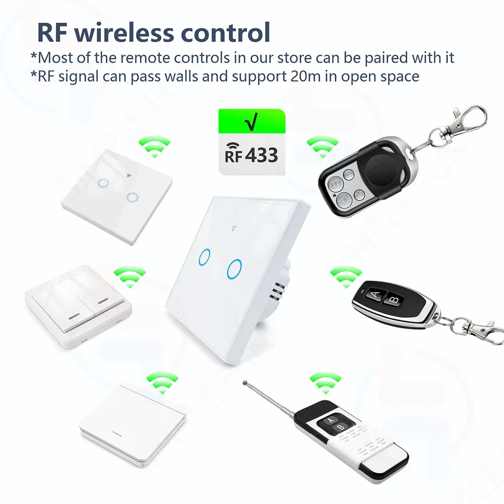 WiFi RF Light Switch Tuya Smart Touch Wall Switch 110V 220V 10A 1/2/3 Gang Timer 433MHz Remote Controller Work with Alexa Google