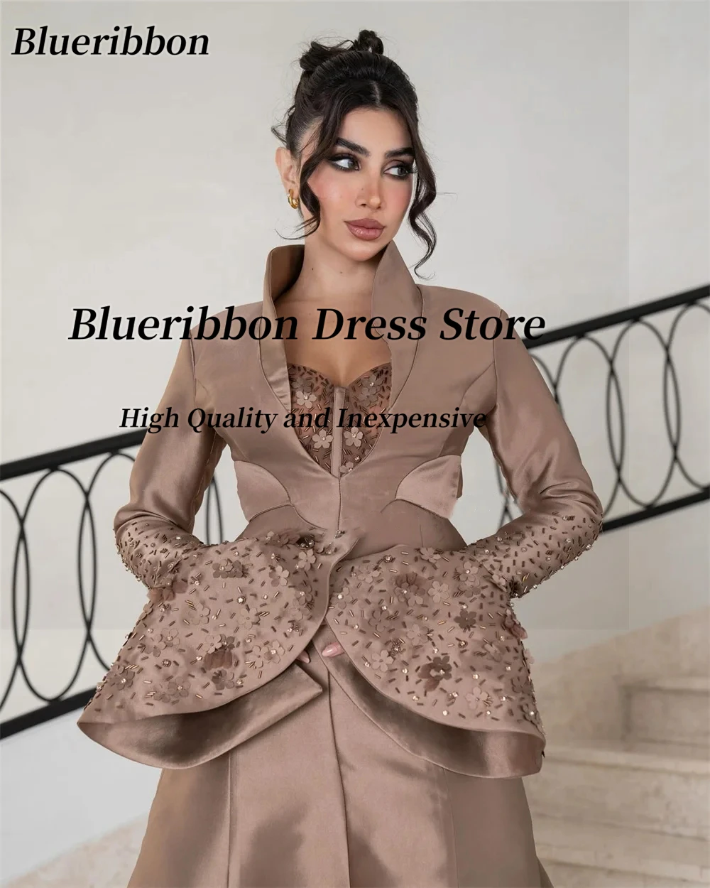 Blueribbon Customized Side Slit Satin Saudi Arabia Women Wear Evening Dresses Beaded 3D-Flowers Long Sleeves Prom Party Gowns