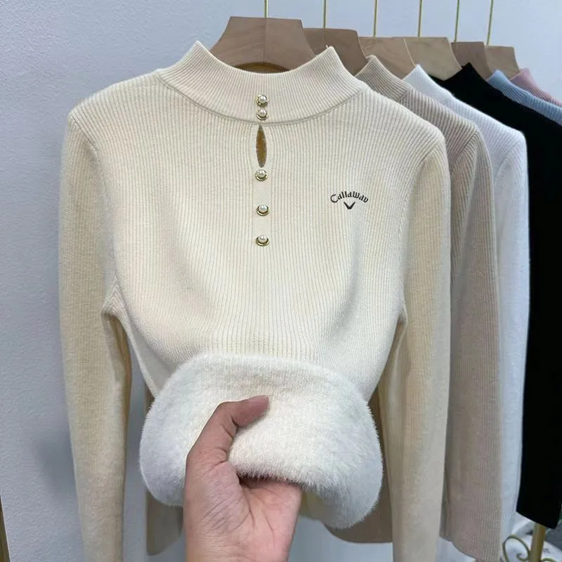 방풍니트골프 Autumn Winter Golf Wear Women 2024 New Korean Golf Sweater Half High Collar Add Velvet Knit Blouse Women Golf Clothes