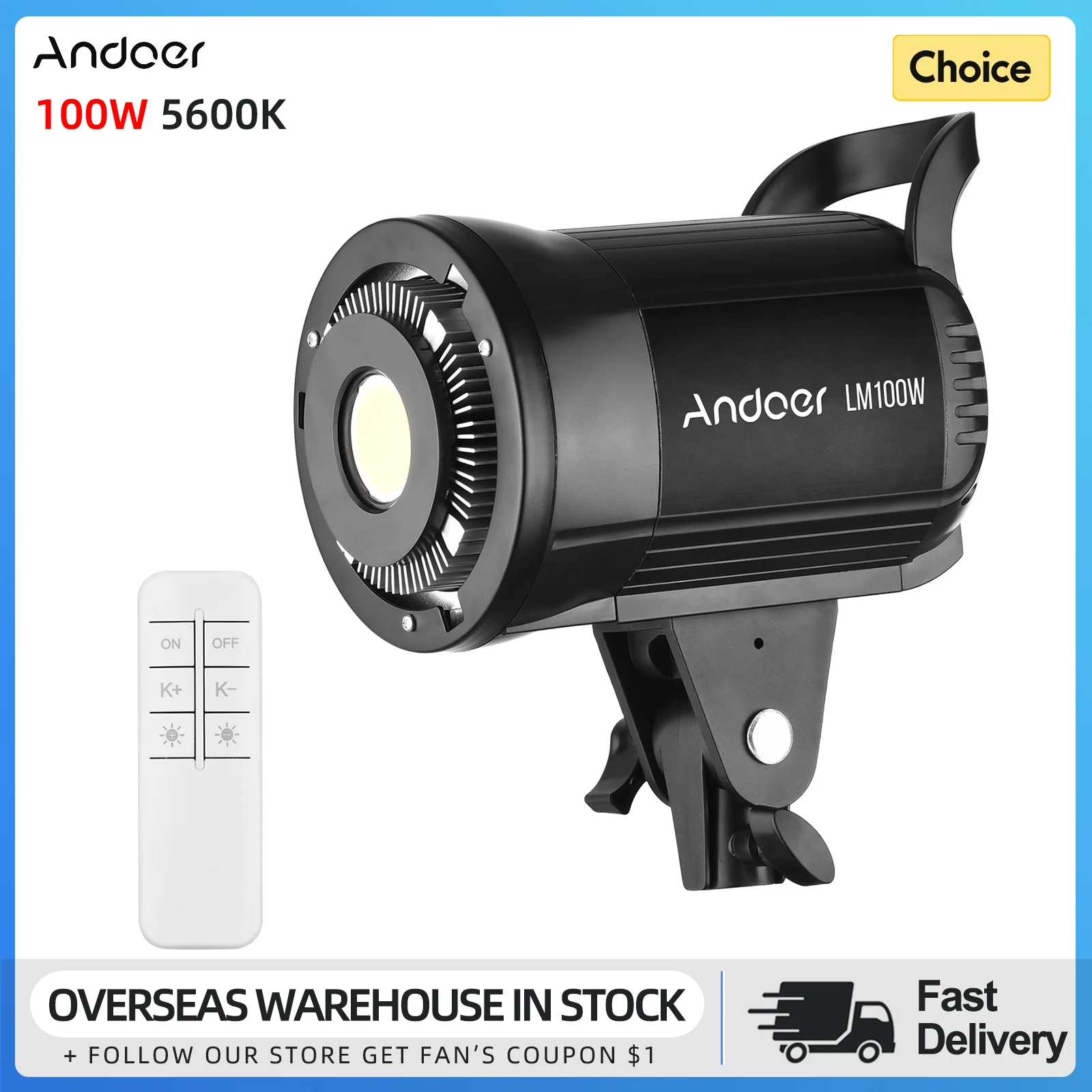 Andoer Portable 100W Studio LED Video Light 5600K Dimmable Bowens Mount with Remote Control for Live Streaming Video Recording