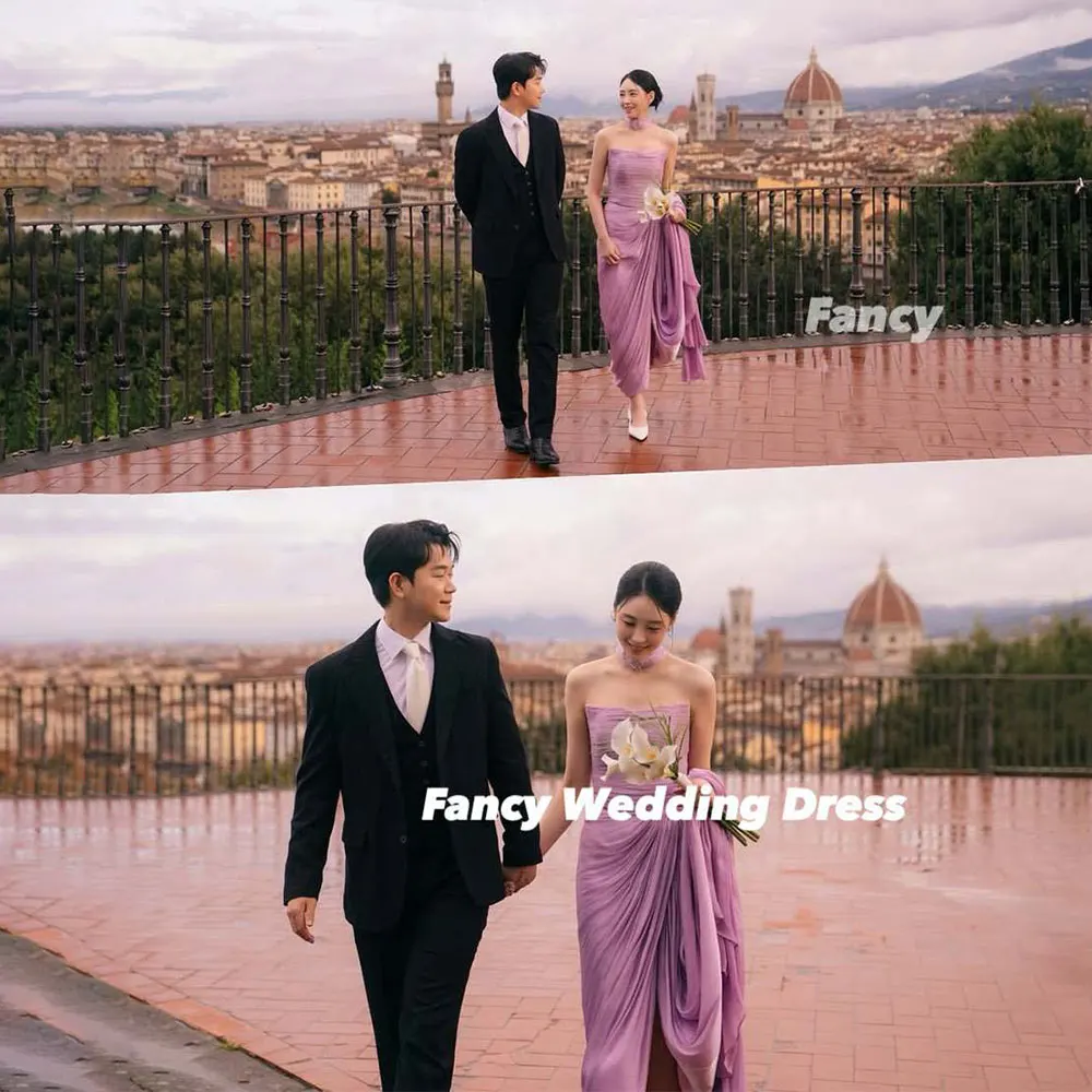 Fancy Elegant Purple Strapless Korea Wedding Dress A Line Soft Tulle Bridal Gown Back Corset Customized With Shawl