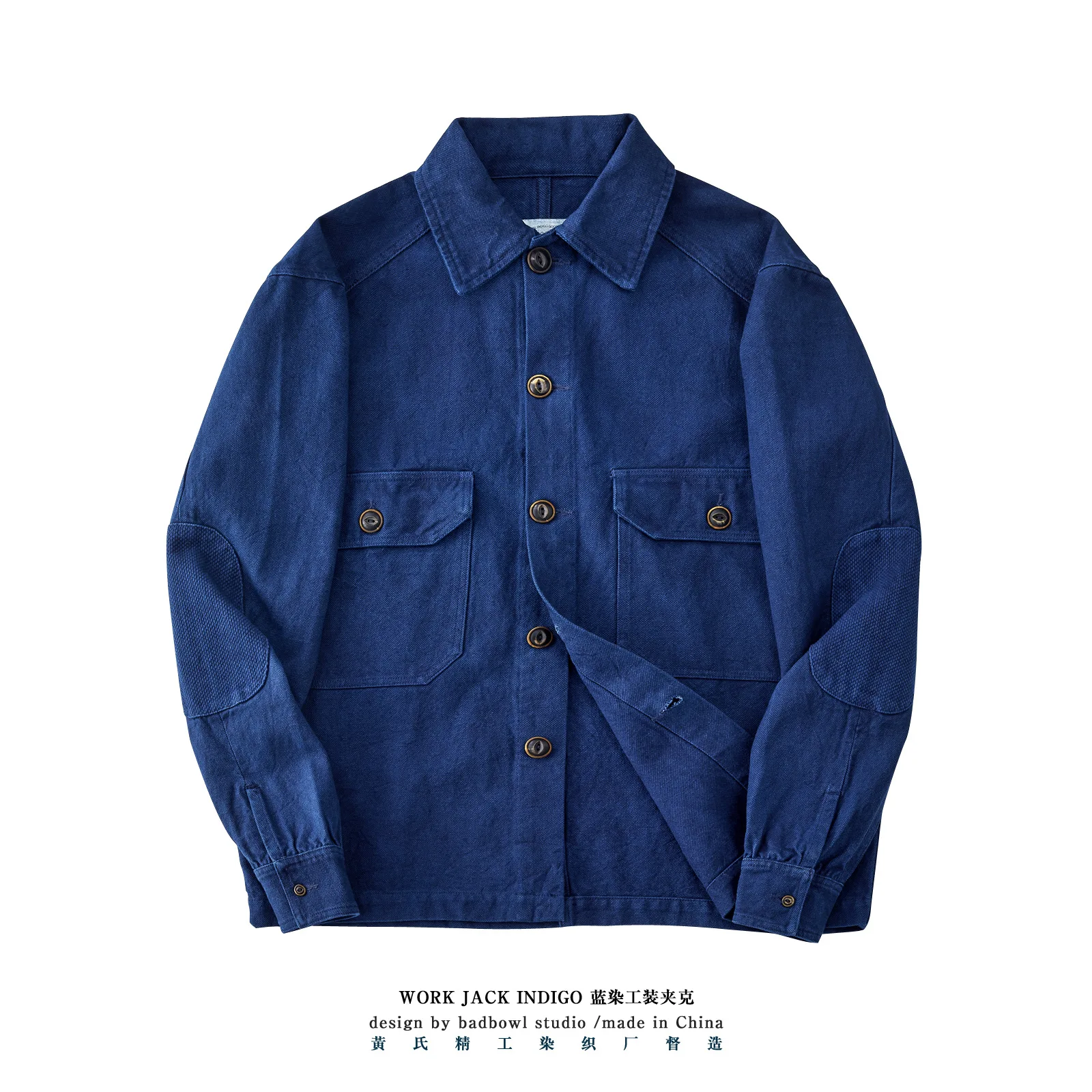 380gsm Indigo Botanical-Dyed Heavyweight Linen Shirt Jacket - Autumn Winter Japanese Vintage Workwear Style Relaxed Fit