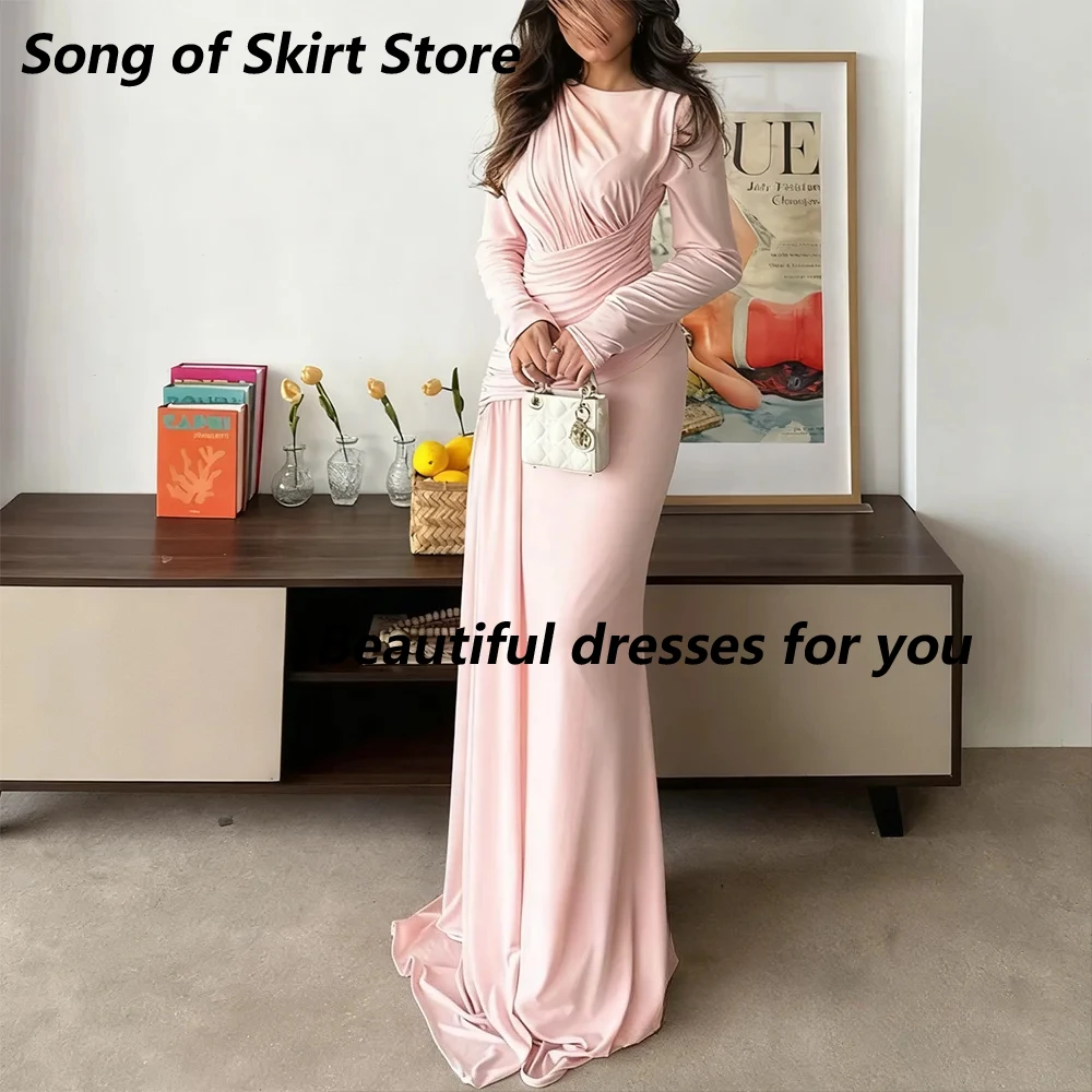 

Elegant Pink Evening Dress Mermaid Long Sleeves O-Neck Pleated Long Dresses Floor Length Simple Party Gowns Customized