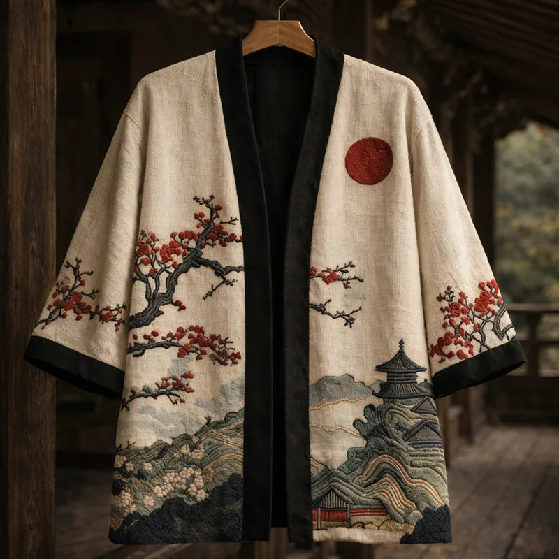 Plus Size Traditional Japanese Kimono Cardigan Yukata  Haori Vintage Prited Half Sleeve Samurai Cosplay Costume Loose Men Shirt