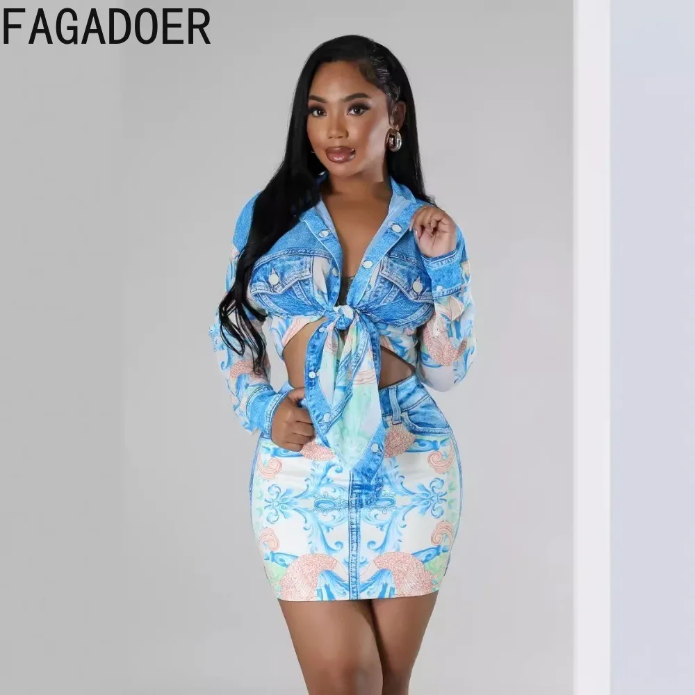 Fagadoer blau Retro-Print-Shirts zweiteilige Sets Frauen Turndown Kragen Knopf Langarm Top und Miniröcke Outfits Kleidung