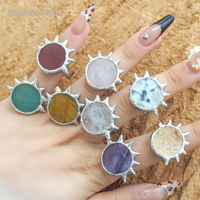 5Pcs Silver Color Wholesale Semi-precious Kiwi Stone Tiger Eye Clear Crystal Brutalist Y2k Ring RM53146