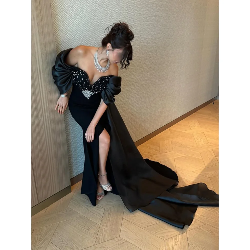 فستان أسود للحفلات الراقصة بدون أكتاف على شكل حرف v كريستال حورية البحر فستان حفلات شق بدون ظهر ثنيات من الساتان سويب تراين فستان سهرة مخصص #4