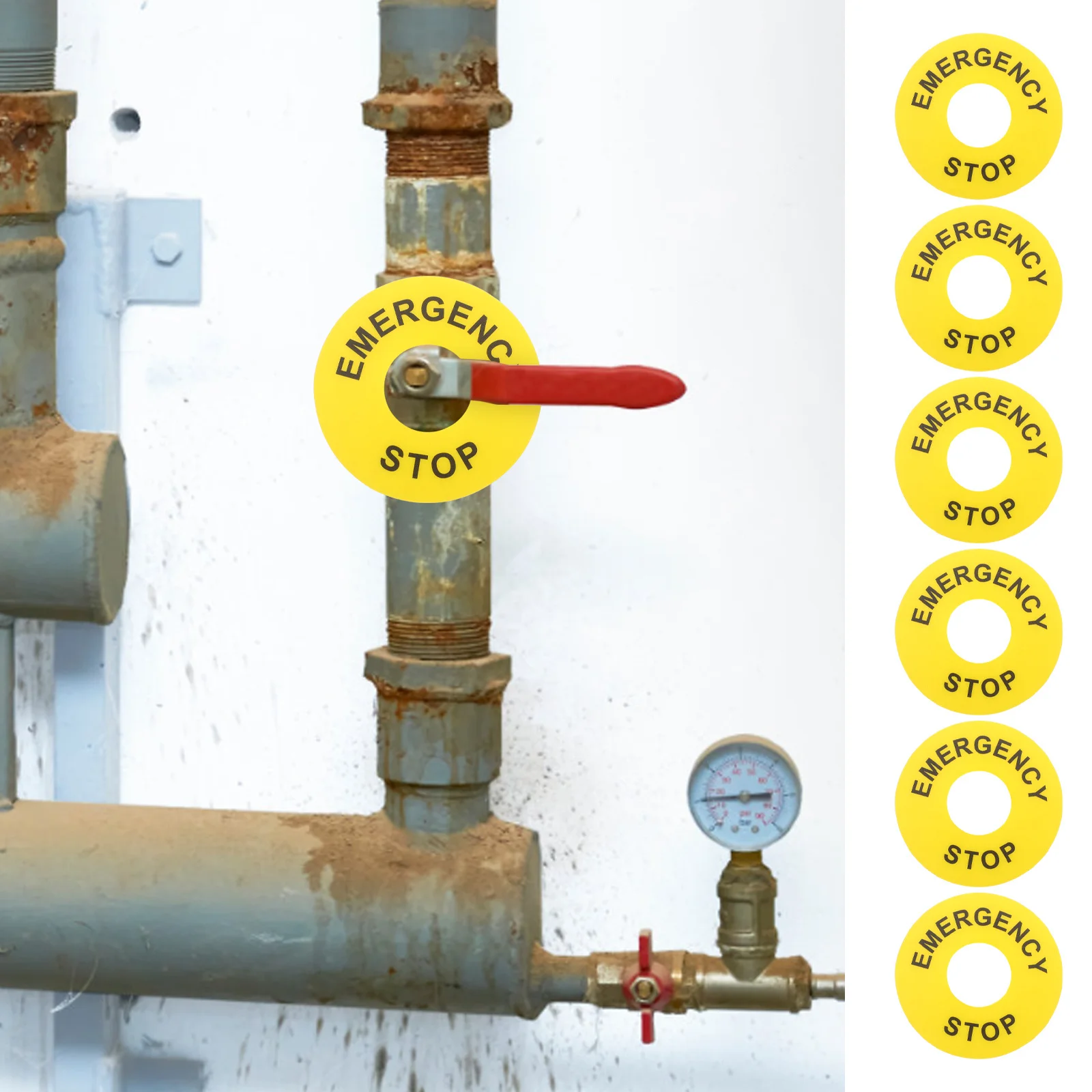 6pcs Emergency Stop Label Yellow Self Adhesive Pvc Durable For Machinery Safety Push Button Warning Sticker Industrial Equipment