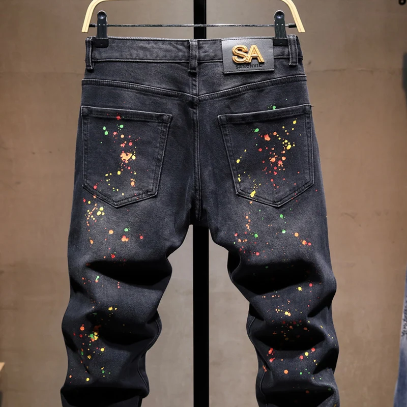 Street Designer Fashion Men Jeans Black Stretch Slim Fit Painted Ripped Jeans Men Embroidery Patched Hip Hop Vintage Denim Pants