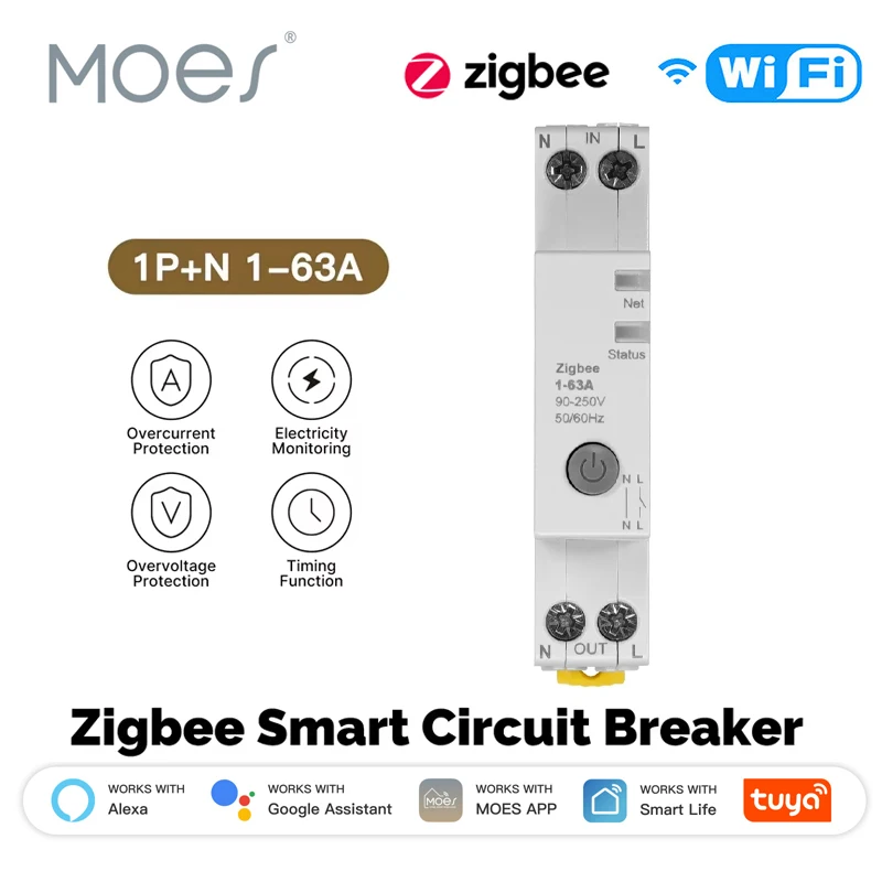 

Умный автоматический выключатель MOES Tuya Zigbee 63А с настройкой настроек сигнализации, мониторингом электроэнергии, V0, огнестойкий, управление через приложение/голосовое управление