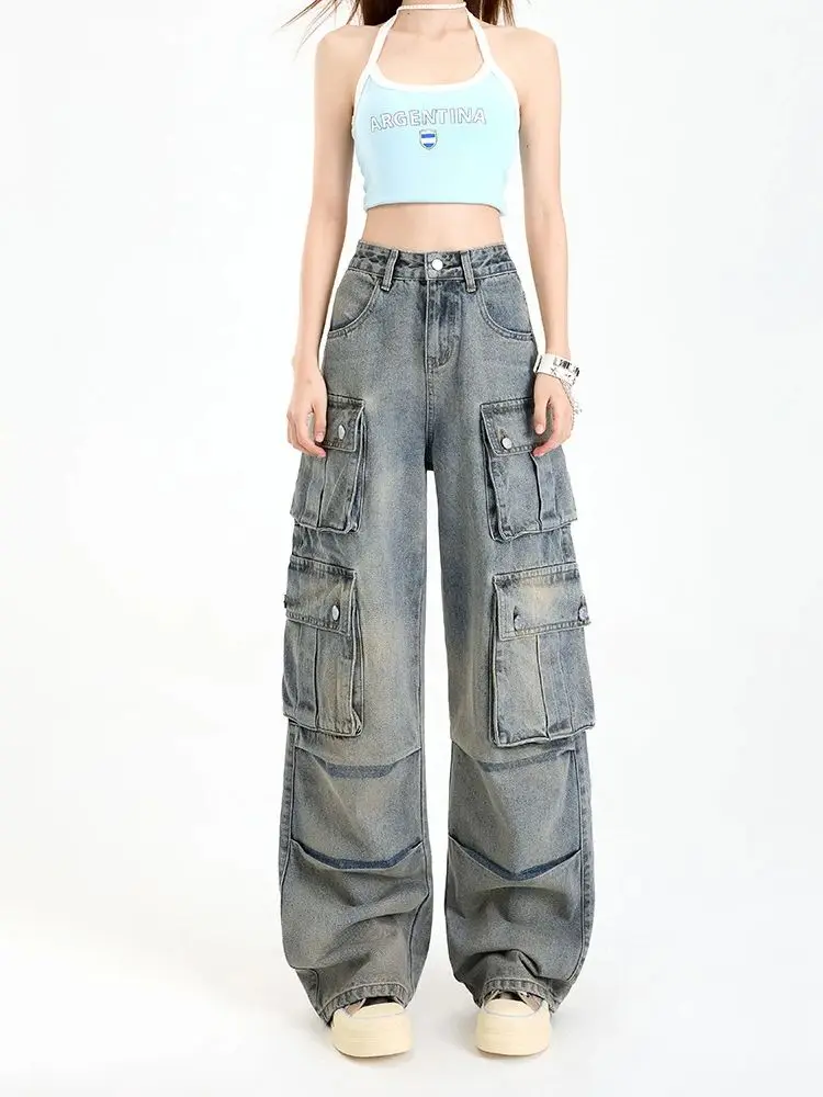

Женские джинсы с множеством карманов в американском уличном стиле, с высокой талией, прямые, широкие штанины, весенние, свободные, модные брюки