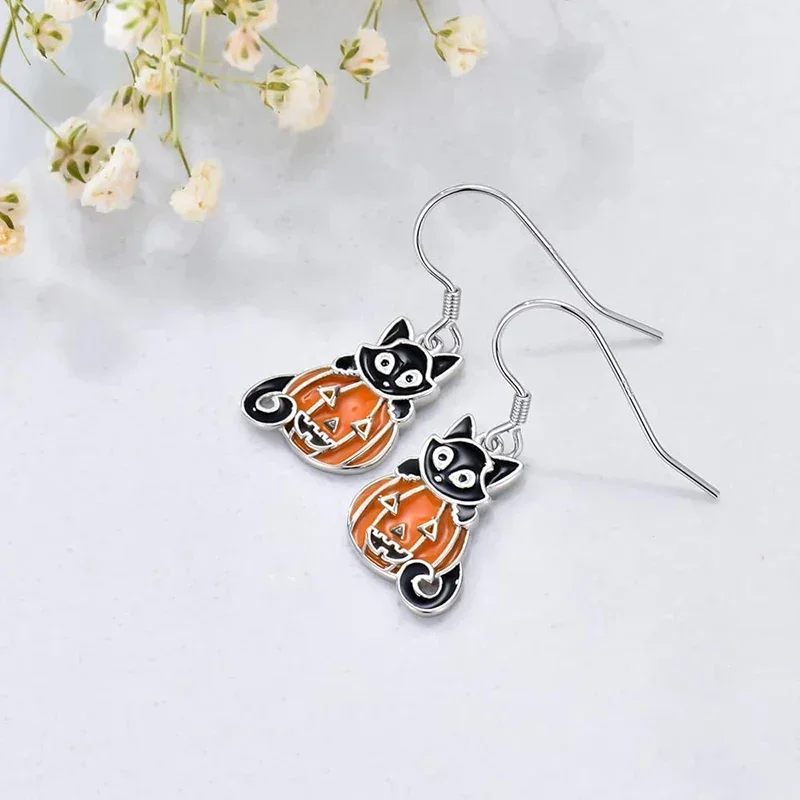 Huitan Funny Black Cat Drop Earrings with Pumpkin Punk Attractive Piercing Accessories Creative Luxury Halloween Party Jewelry