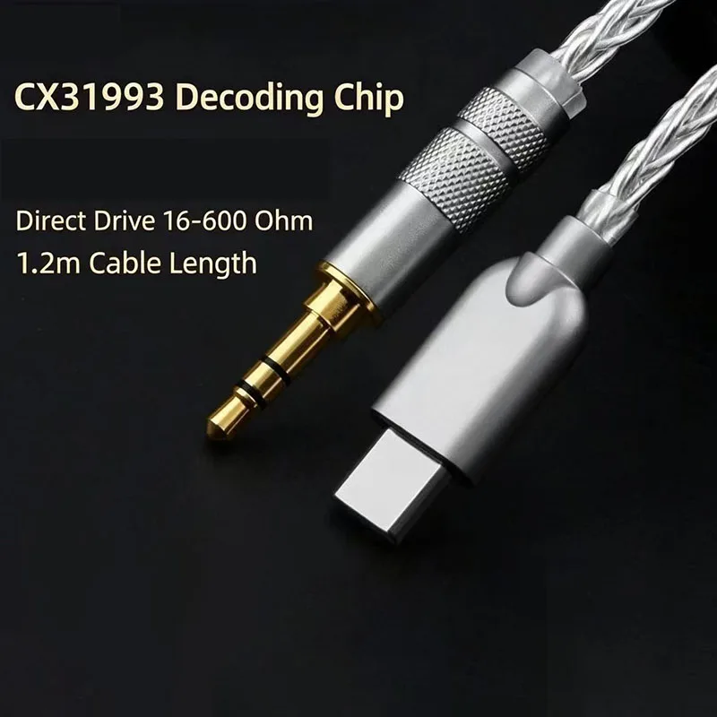1.2m Type C to 3.5mm Audio Adapter Cable with CX31993 Decoder Chip Pure Silver Braided 16-600Ω Drive, 384KHz Wire Hi-Res Audio