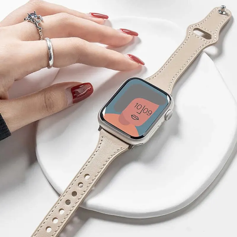Slim Real Leather Band For Apple Watch 9 8 7 41/45mm Correa Girl Strap 40mm 44mm 38/42mm 49 Bracelet For IWatch Series SE 6 5 4