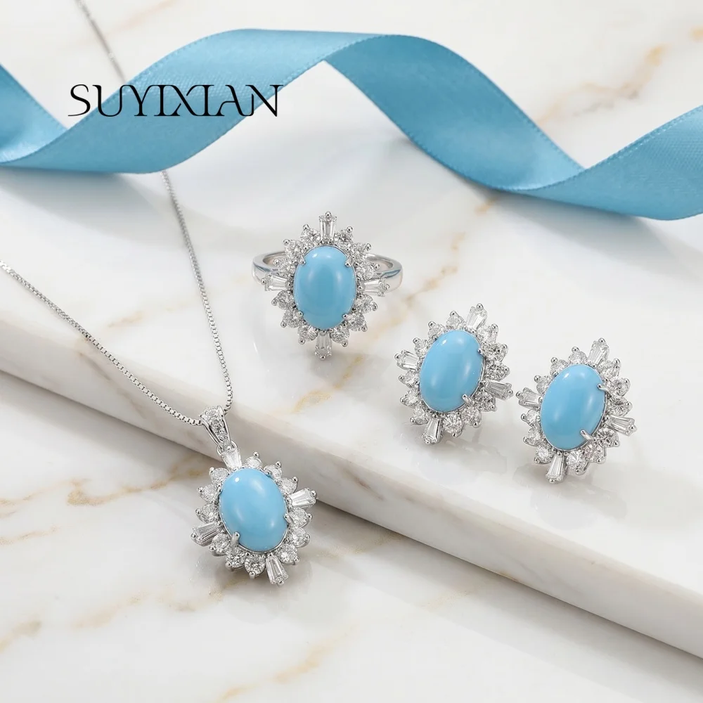 925 Sterling Silver Stylish Vintage Paraiba Pa Blue Zircon Pendant Ring Stud Earrings Set Birthday Party Anniversary Gift