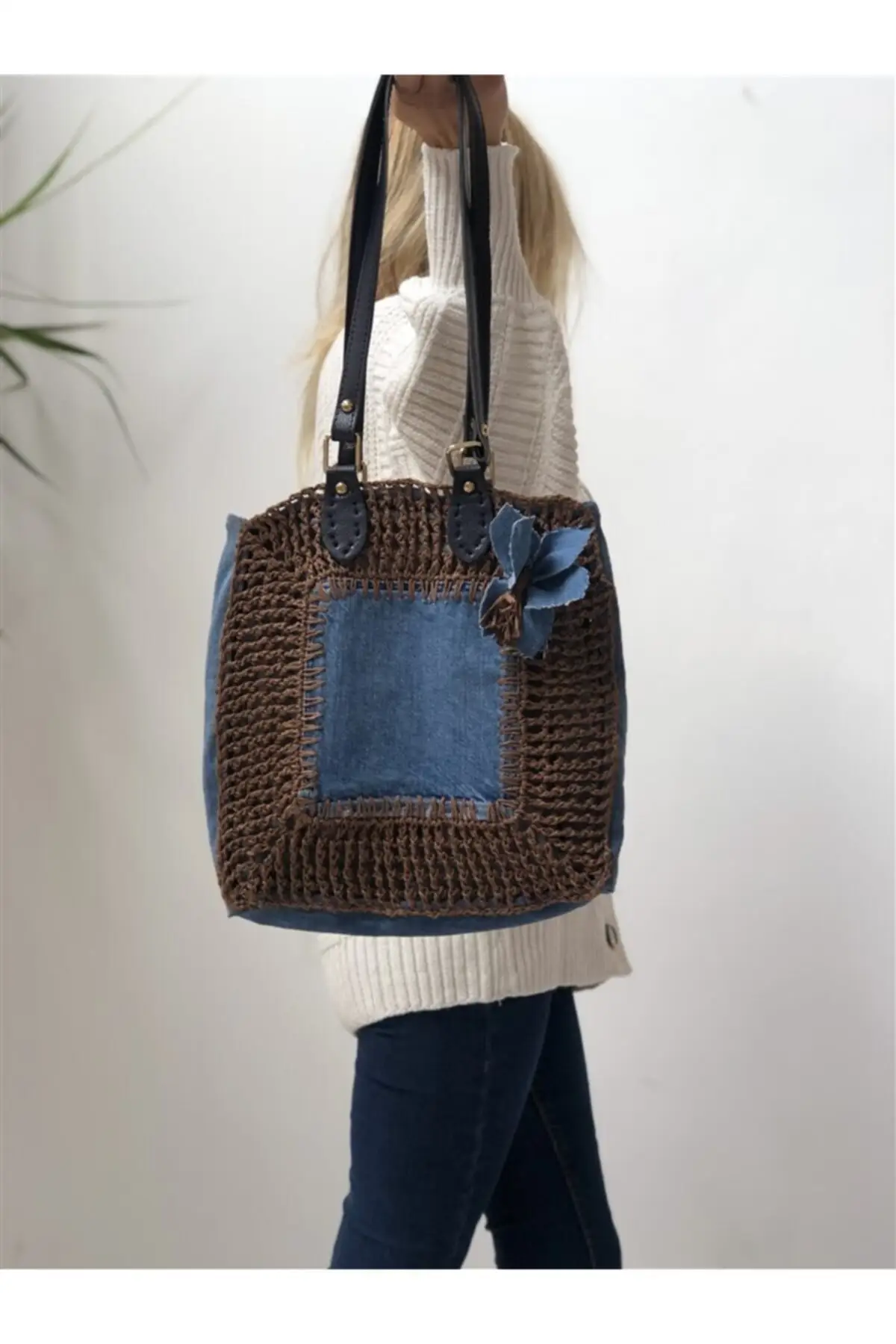 Uras Leather Handle Denim Above Tığişi Paper Rope Mesh Design Handmade Sleeve Bag Women bag Shoulder Bag Handmade