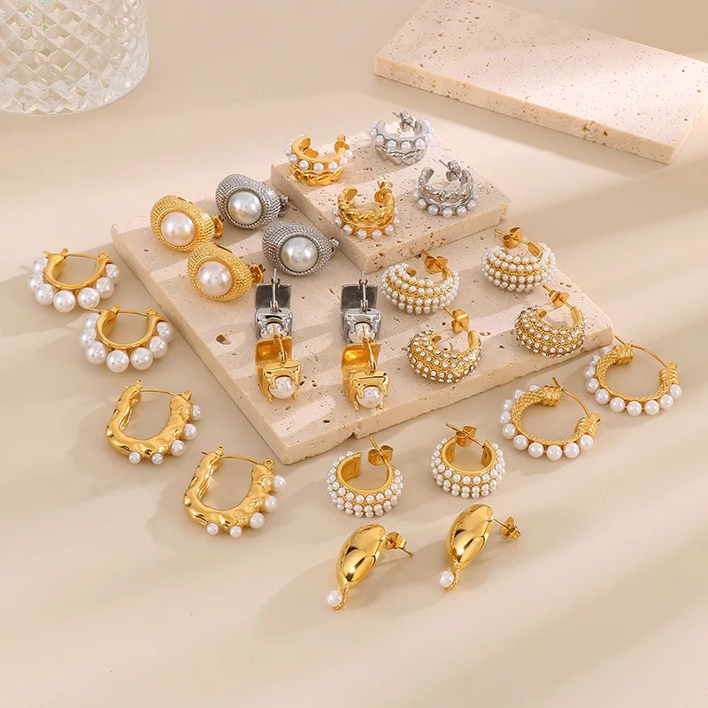 

Elegant Shell Imitation Pearl C Shape Dangle Earrings for Women French Light Luxury Stainless Steel Stud Ear Wedding Jewelry