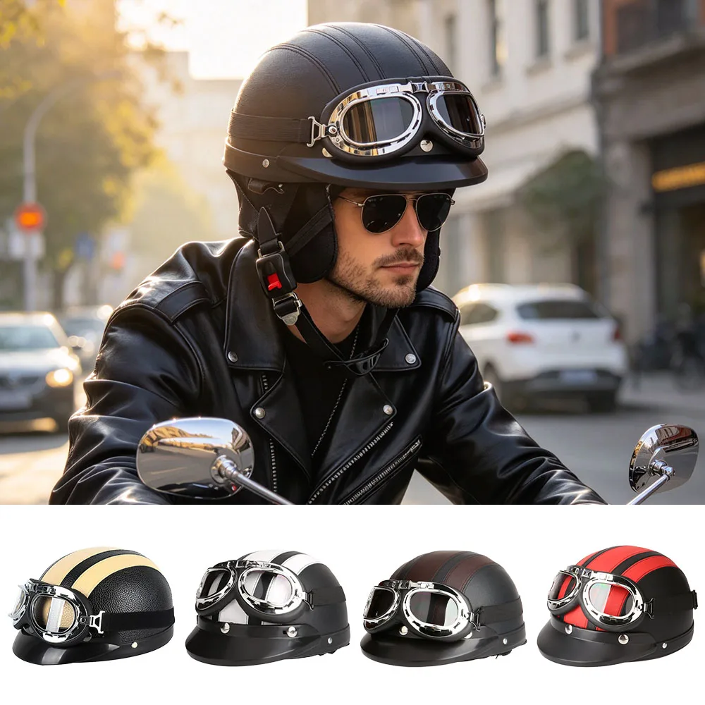 1pc 54-60cm Leather Retro Motorcycle Half Helmet, Suitable For Motorcycle, Electric Vehicle, Unisex With Transparent Goggles