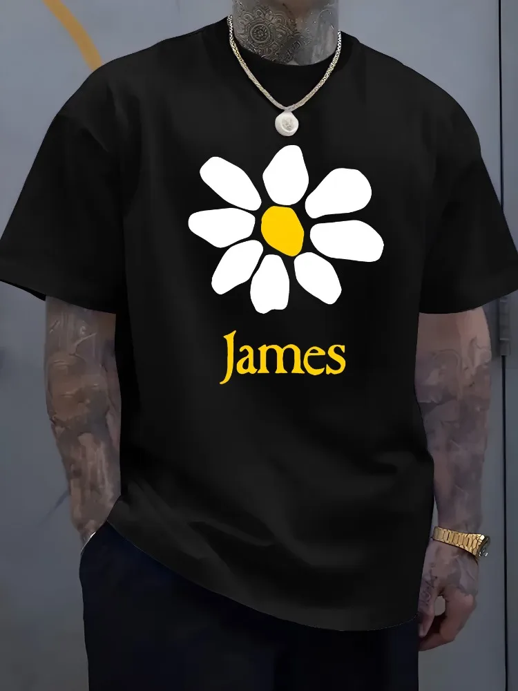 Mens Soft Cotton Tee Simple White Daisy Flower Custom Name James Print Casual Personalized Short Sleeve Gift Top For Daily Wear
