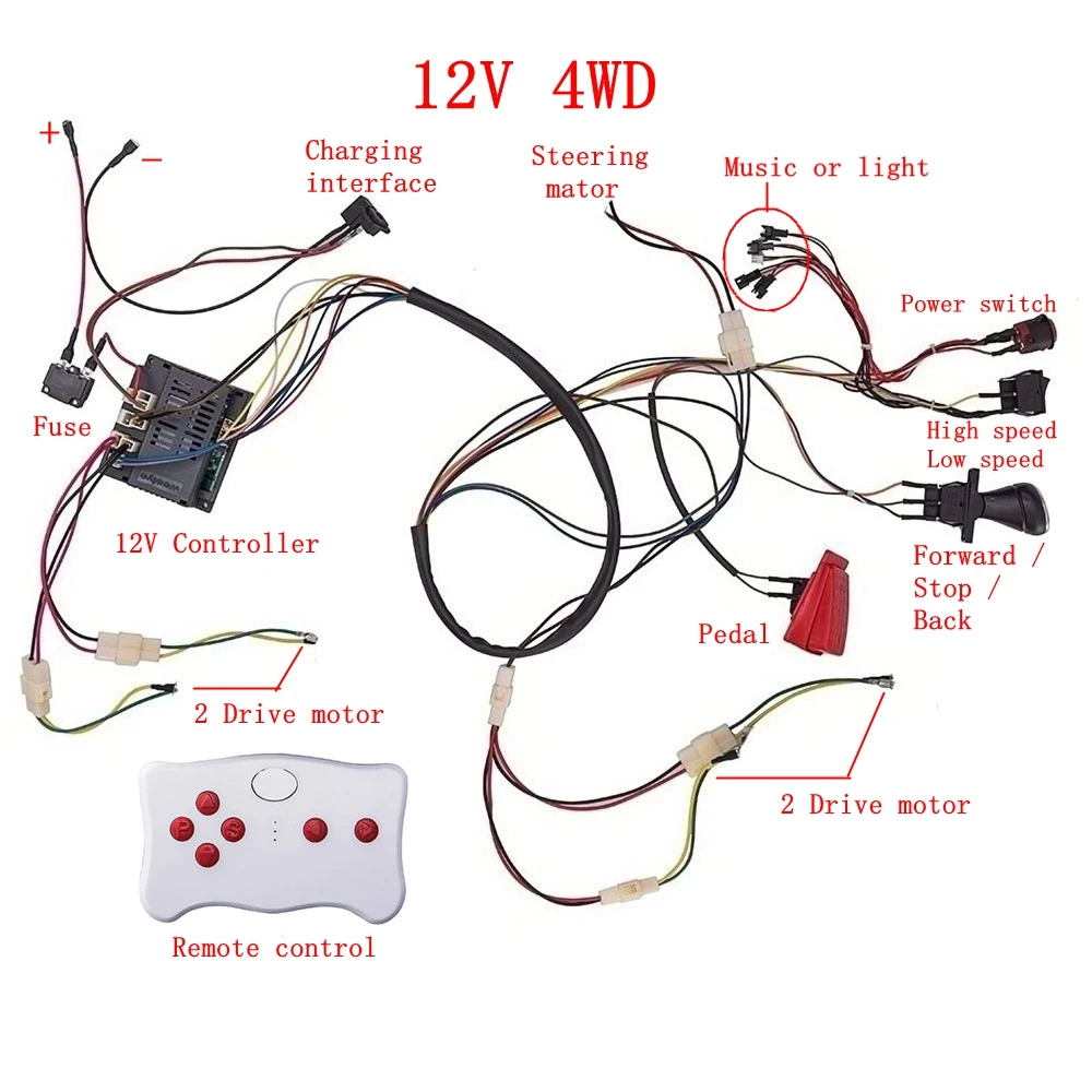 DIY modificado fio e interruptor kit para carro elétrico, controle remoto para o bebê, controlador 4WD, 2.4G Bluetooth, 12V