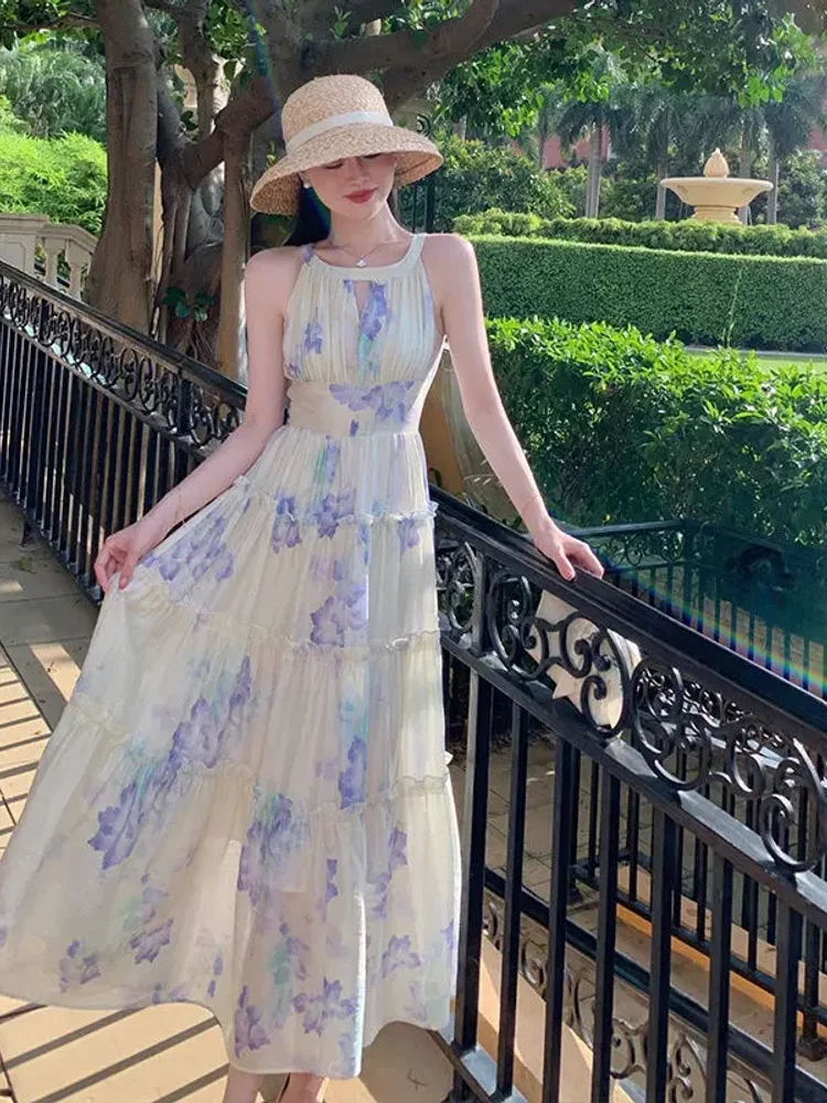 프랑스 스타일 여성 드레스 우아한 꽃 인쇄 홀터넥 오프 어깨 민소매 긴 드레스 부드러운 Vestidos Femme