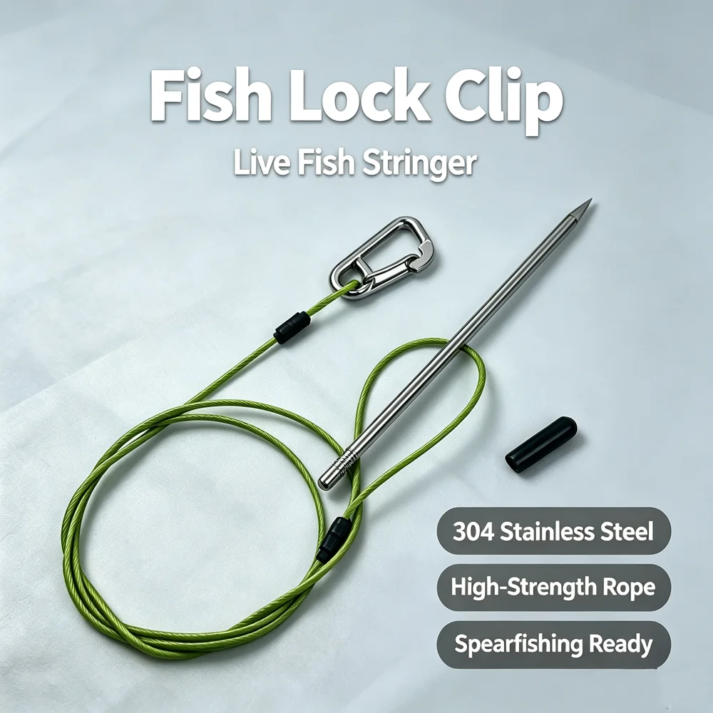 60-80-100-120cm-304耐塩水スピアフィッシング用魚串針フック（カラビナ付き）ダイビング＆スピアガンフィッシング用