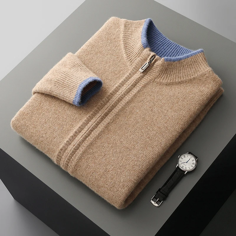 

Men's Autumn Winter Zipper Sweater 100% Merino Wool Knitted High Collar Cardigan Thick Warm Contrast Color Top for Cold Weather