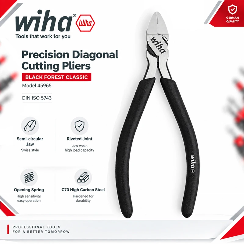 Wiha 45965 Black Forest Classic Precision Diagonal Cutters, Swedish Semi-Circular Jaw, Spring Loaded Side Cutting Pliers