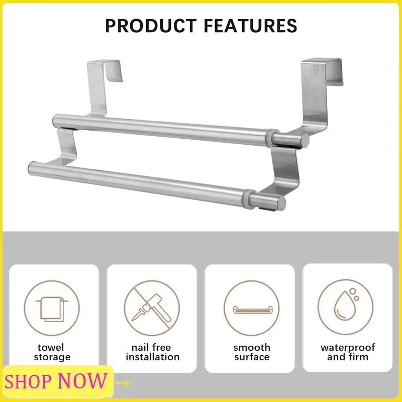 Especial Kitchen Over Cabinet Double Towel Bar Rack, Expandable Hand Towel Holder For Universal Fit On Inside Or Outside