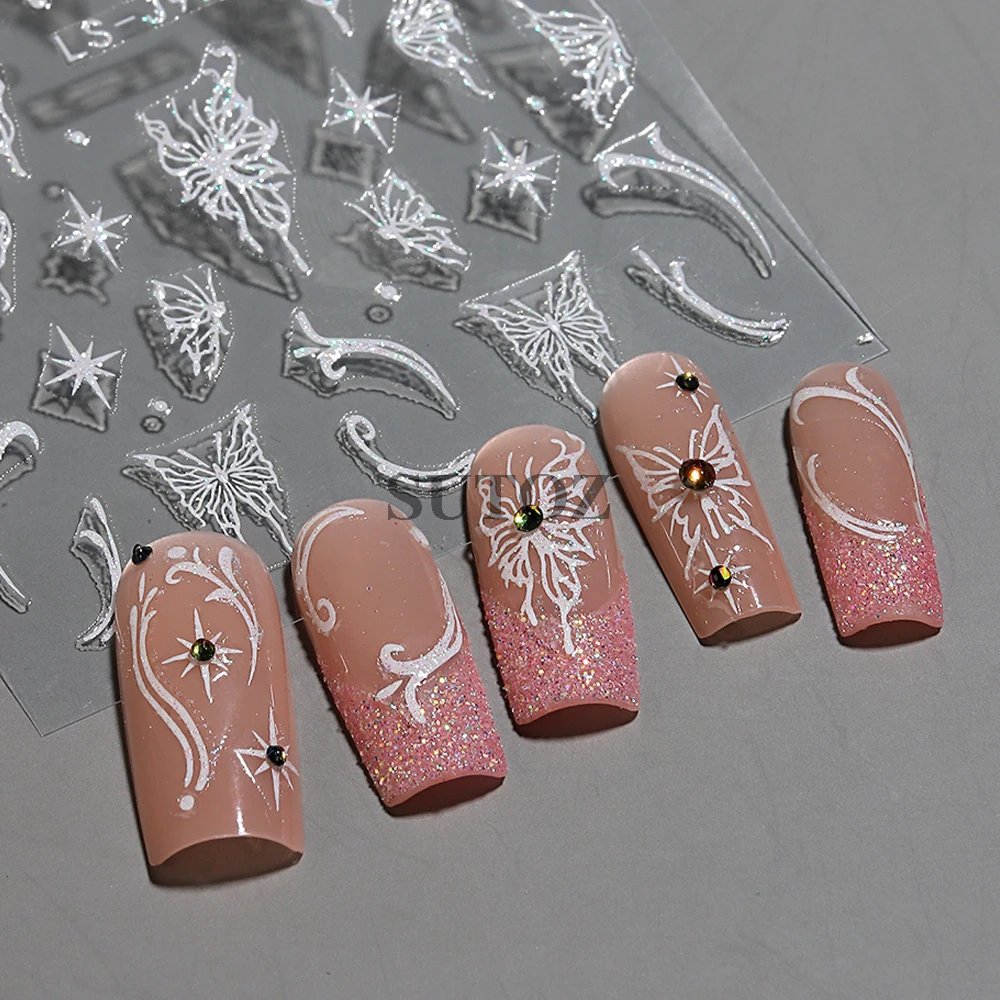 Moulage Papillon Nail Stickers Blanc Paillettes Coeur Fleurs Rose Papillon Nail Stickers Français Charmes Manucure Décor LEBLS-J91