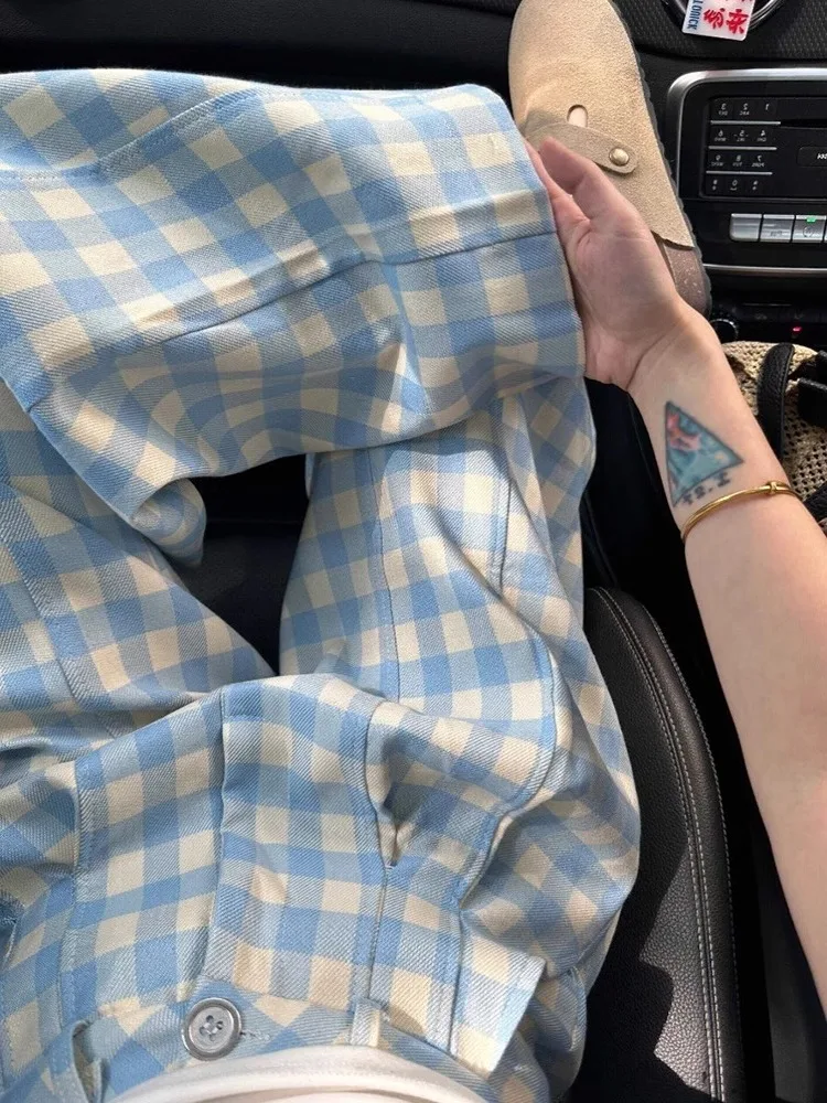 Koreańskie spodnie damskie w niebieską kratę, z wysokim stanem, szerokimi nogawkami, lekkie, letnie, modne, luźny krój.