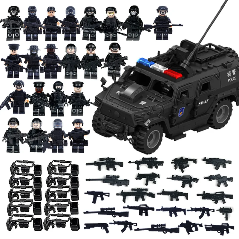 MOC military building block set black police car police doll small particle assembled toy birthday gift halloween decoration