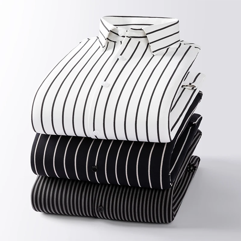 Hight quality Nylon elastic Anti-wrinkle Thick Warm long sleeve shirts for men slim fit formal shirt soft office striped clothes