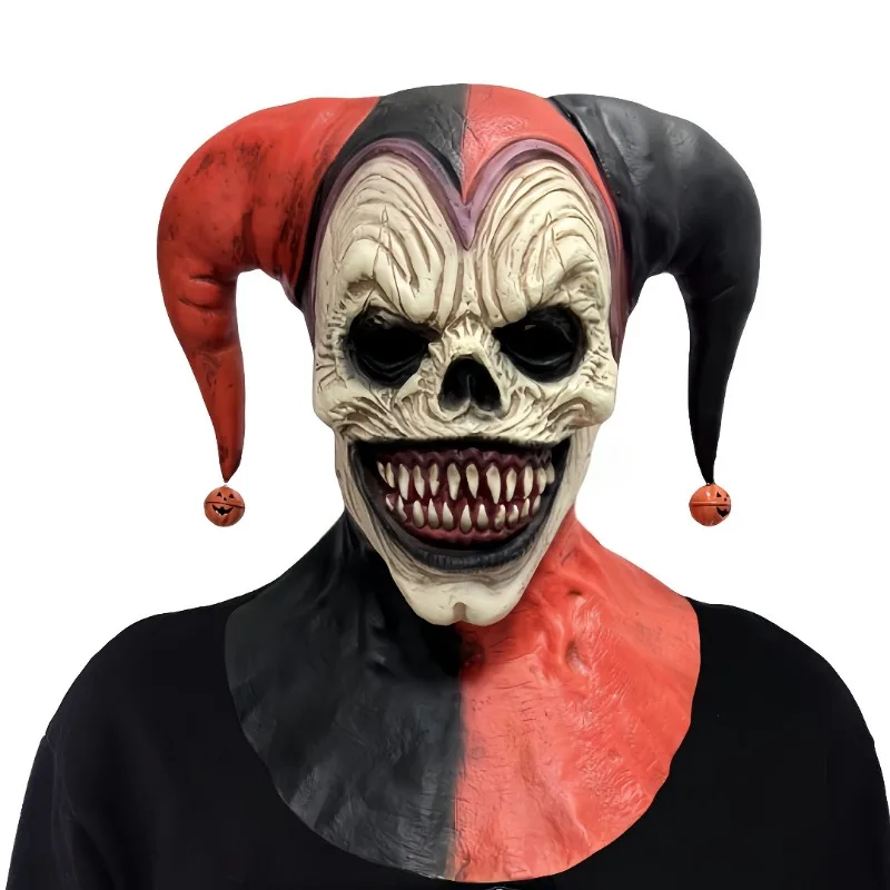 Menacing Clown-Maske mit Hörnern, blutender Totenkopf, Halloween für Cosplay-Partys, Spukhäuser mit Glocken-Ohrringen, Kürbis-Anhängern
